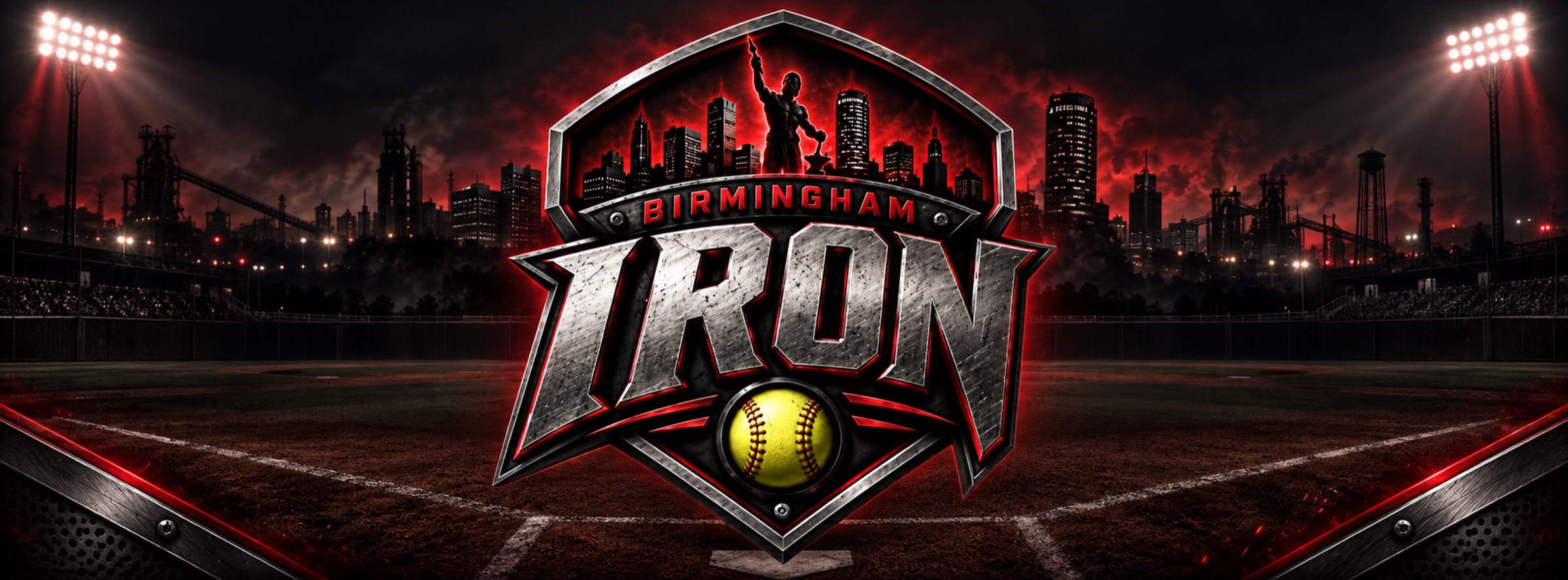 The Birmingham Iron crest over a night softball field, with the Birmingham skyline and steel mills behind it